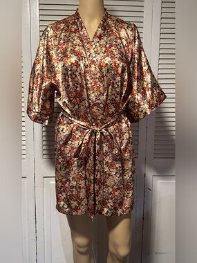 Alexander Del Rossa Boho Floral Satin Belted Short Robe Women’s Small